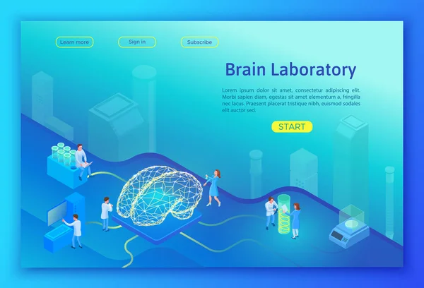 Mesterséges intelligencia laboratórium izometrikus koncepció, leszállás oldal mintadeszka-val 3d eszközök, a tudósok a kísérlet során az ai és kutatás, egészségügyi koncepció vektoros illusztráció — Stock Vector