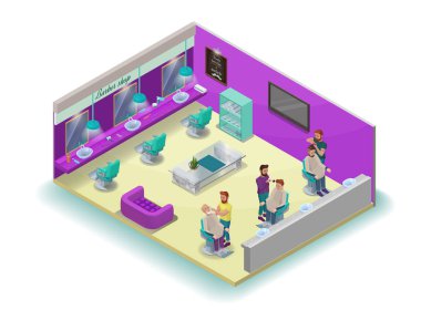 İzometrik Kuaför Salonu iç, hippi saç salon tasarım modern ahşap mobilya, mermer duvar, berber koltuğu, kanepe, terrarium bitki, Bisiklet, Kuaför aksesuarları, güzellik stüdyosu düzen ile