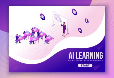Yapay zeka lerning kursları kavramı izometrik insanlar, AI ile 3d çizim, modern açılış sayfası arka plan online öğrenme kavramı ile