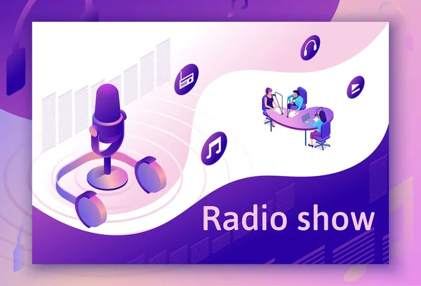 Podcast isométrico 3d ilustração, show de rádio de música moderna ou conceito de blog de áudio, modelo de página de destino vetorial com pessoas, microfone, estúdio de som interior em cor violeta —  Vetores de Stock