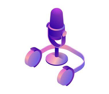Mikrofon moda mor renk, simge, radyo stüdyo ses ekipmanları veya blog aksesuar kesmek müzik gadget 3d izometrik vektör simgesi