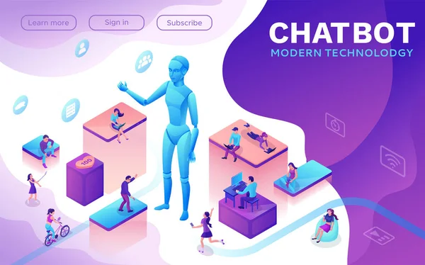 Chatbot υπηρεσία ισομετρική εικονογράφηση με μοντέρνο κουρασμένος χίπι ανθρώπους επικοινωνούν με gadgets, κινητές συνομιλία technolodgy έννοια, μήνυμα app, smartphone, πρότυπο σελίδας προορισμού — Διανυσματικό Αρχείο