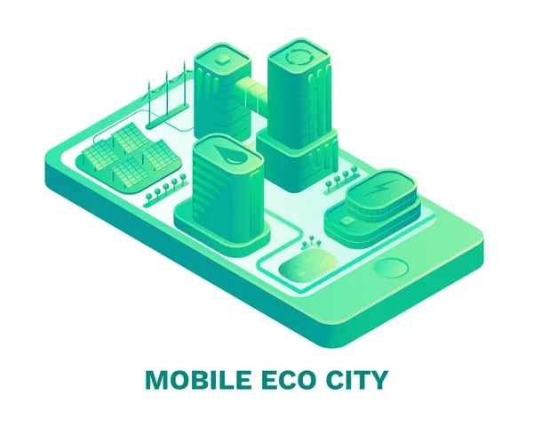 Concepto móvil de ciudad ecológica inteligente, diseño isométrico 3d con tecnologías inteligentes de construcción, reciclaje y purificación de agua, rascacielos de energía verde, plantilla de landing page — Vector de stock