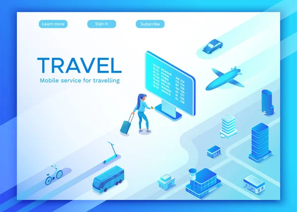 Mobiele Vervoer Onlineservice Landing Paginasjabloon Reizen Boeken App Concept Met — Stockvector