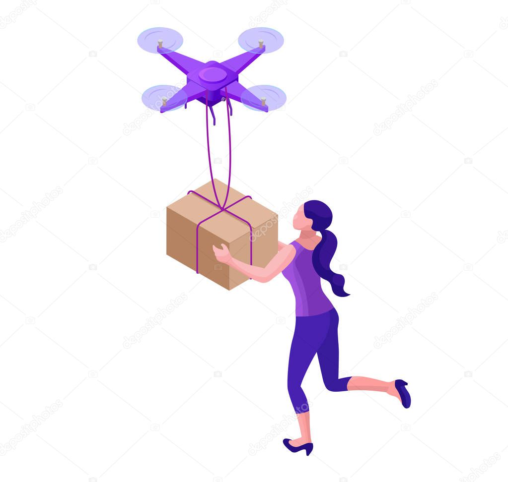 Drone delivering parcel to hipster girl, landing page template with quadcopter, concept of delivery, autonomous photo and video innovation technolodgy, 3d isometric flat vector illustration