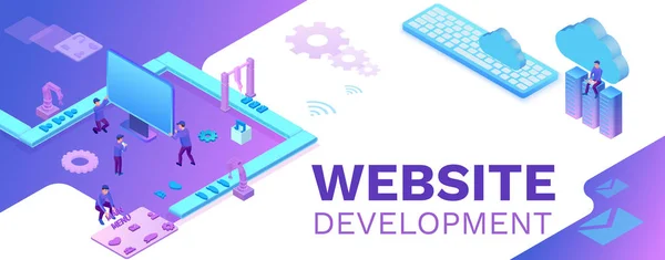 Web-Entwicklung 3d isometrisches Konzept, Software-Management-Vektor-Illustration mit Entwickler am Förderband Gebäude Website, trendy violetten Hintergrund, Landing Page Template — Stockvektor