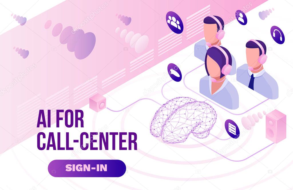 Artificial intelligence manages call center, isometric 3d vector illustration, customer service and mobile support landing page, operator with headphone, contact centre concept