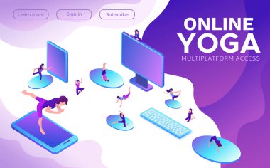 Yoga izometrik genel kavram ya da Web sitesi şablonu, fiziksel egzersizleri yapıyor ve farklı poz meditasyon smartphone ya da dizüstü bilgisayar, hareket eden app arka plan, örnek üzerinden online sınıflar izlerken 3d kadın