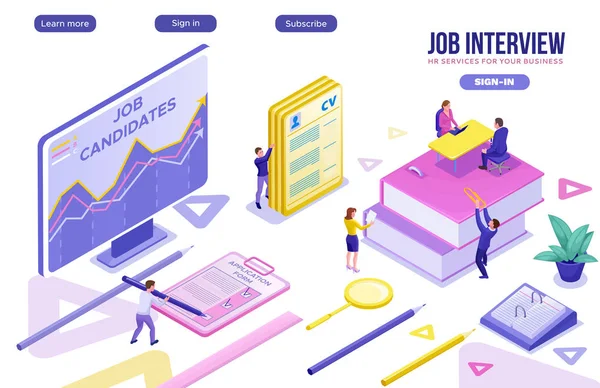 Agen perekrutan isometric infographic landing page template dengan 3d employer mempekerjakan pekerja bakat, calon kerja pencarian melalui aplikasi mobile sumber daya manusia, orang bisnis kantor, vektor ilustrasi - Stok Vektor