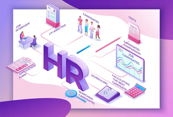 Job agency isometric infographic landing page template with 3d employer emploing talent pekerja, kandidat search work via human resource mobile app, office business people, vector illustration - Stok Vektor