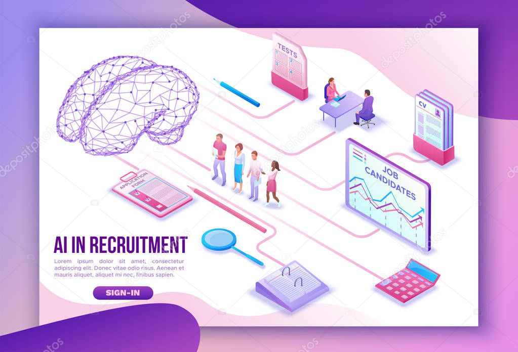 Artificial intelligence in human resources, recruiting agency landing page template with 3d employer hiring worker, job interview, candidate search work, business people, isometric vector illustration