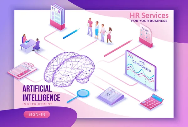 Zasobów ludzkich, ze sztuczną inteligencją, hr, rekrutacja szablon ux interfejsu użytkownika strony internetowej Agencji z 3d pracodawca zatrudnianie człowieka, rozmowa kwalifikacyjna, kandydat Szukaj pracy, ludzi biznesu, izometryczny ilustracja — Wektor stockowy
