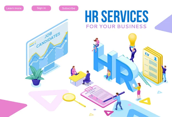 Recruitment agency isometric infographic landing page template with 3d employer recruiting talent worker, candidati ricerca lavoro tramite app mobile risorse umane, office business people, illustrazione vettoriale — Vettoriale Stock