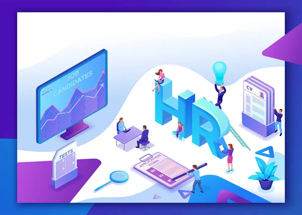 Agência de recrutamento modelo de página de destino infográfico isométrico com empregador 3d contratar trabalhador talento, candidatos procurar trabalho através de aplicativo móvel de recursos humanos, pessoas de negócios de escritório, design vetor ui ux — Vetor de Stock