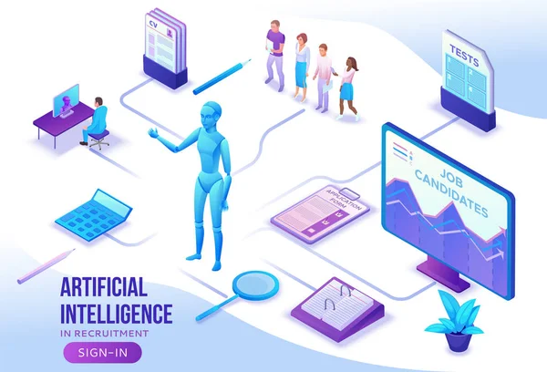 Sztuczna inteligencja w zasoby ludzkie, rekrutacja szablon strony internetowej Agencji z 3d pracodawcy zatrudnienie pracownika, rozmowa kwalifikacyjna, kandydat inteligentnego wyszukiwania, ludzi biznesu, izometryczny wektor ilustracja — Wektor stockowy