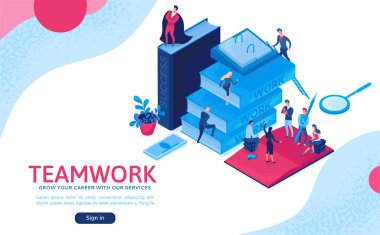 Ekip çalışması 3d izometrik çizimde, çalışan kazanmak kupa, Infographic kahraman liderlik kavramı, iş adamları işbirliği, başarılı kişi kazanmak Kupası, açılış sayfası Web sitesi düzeni, kullanıcı arabirimi, ux tasarım