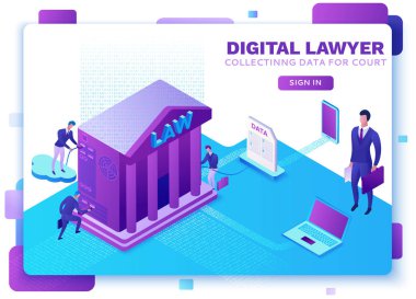 Online avukat hizmet izometrik Infographic 3d düz resimde, veri toplama savunucusu bulut yargı Servisi, dijital technolodgy kavramı, Mahkemesi Binası, bilgisayar, dizüstü bilgisayar, insanlar, webdesign