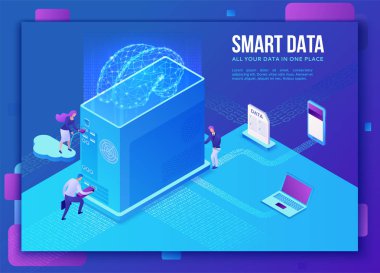 Akıllı veri toplama Web sitesi şablonu, bilgisayar, yapay zeka, insanları toplama ile izometrik 3d resimde bulut veri, modern infographics, AI kavramı, UI, ux tasarım
