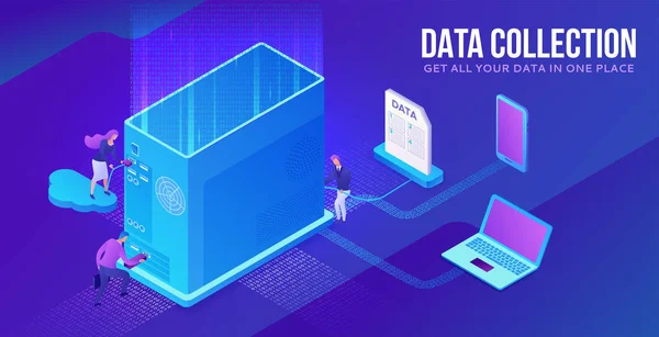 Mal for datainnsamlingens nettsted, isometrisk 3d-illustrasjon med datamaskin, systemblokk, mennesker som samler inn skydata, moderne infografi, lagarbeidskonsept, ui, ux-design – stockvektor