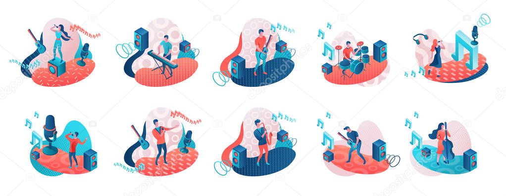 Musicians 3d isometric set with trendy memphis geometric patterns, music band artists, jazz fesival background, singer, guitar, piano, cartoon collection of musical people, blue and coral color