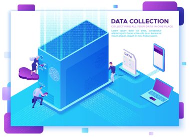 Veri toplama Web sitesi şablonu, bilgisayar, sistem blok, insanları toplama ile izometrik 3d resimde bulut veri, modern infographics, ekip çalışması kavramı, UI, ux tasarım