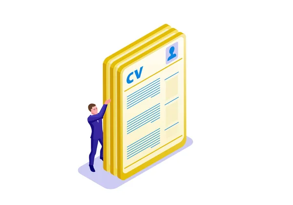 Isometrische infographic CV-template met 3d man bedrijf a4 formaat papier met biografie of CV, werkgever huren talent werknemer kandidaat-zoek werk, mensen uit het bedrijfsleven office, vectorillustratie — Stockvector