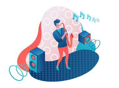 Tuba, saksafon 3d izometrik vektör çizim oynarken müzik aleti, Caz Festivali, konser Haritayı poster şablonu, renkli simge adam ile oynarken saksofoncu