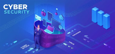 Siber Güvenlik 3d izometrik çizimde, veri koruma kavramı, güvenlik duvarı saldırı, kimlik avı dolandırıcılığı, bilgi güvenliği, dizüstü, bilgisayar, banka kartı vektör