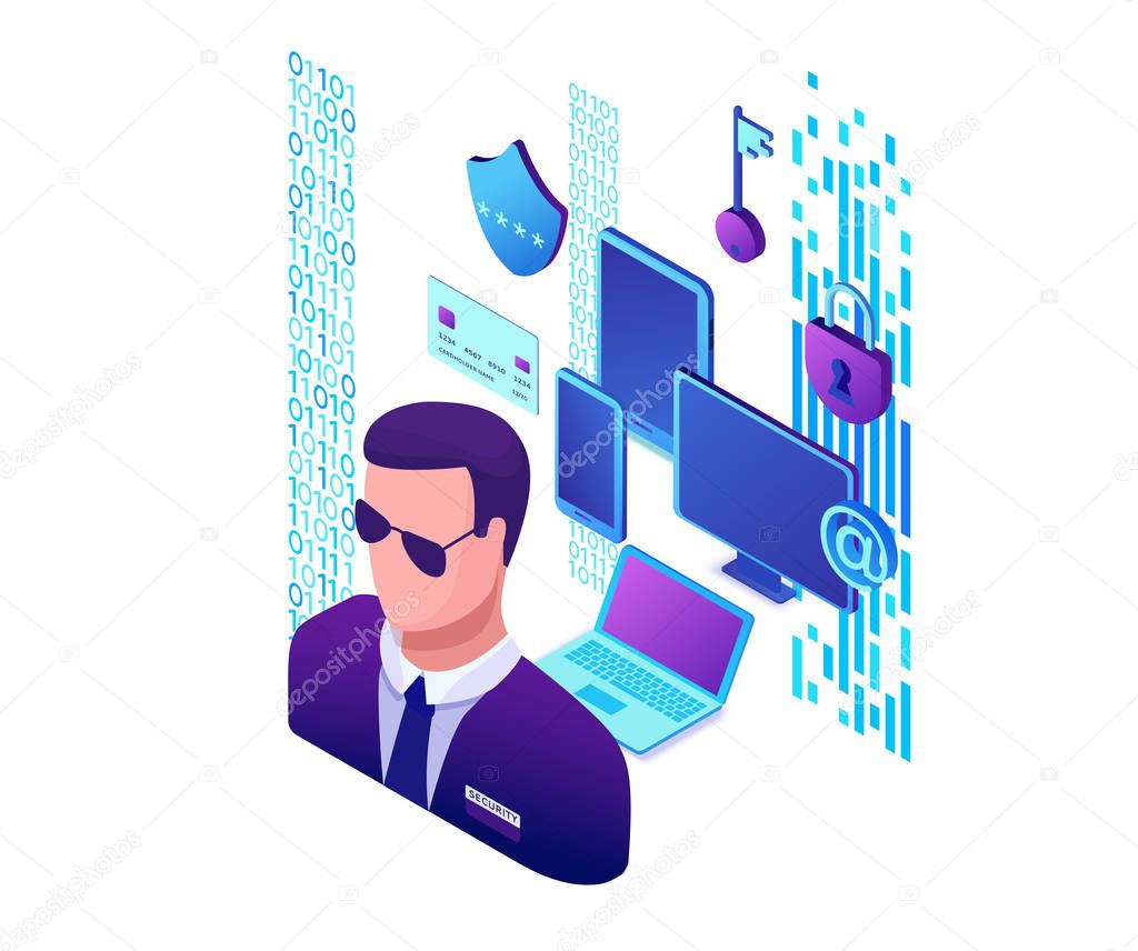 Data protection concept, cyber security 3d isometric vector illustration, firewall attack, phishing scam, information safety , laptop, computer, bank card