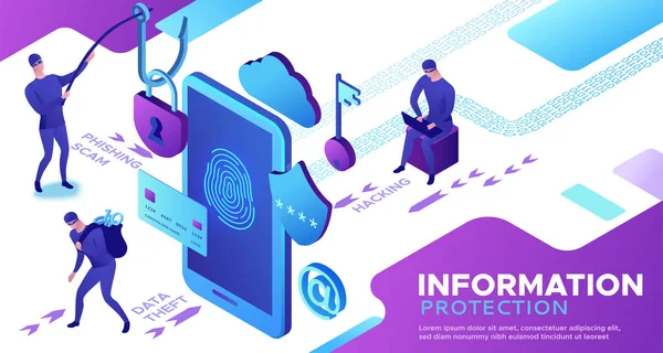 Hacker attack, mobile security concept, data protection, cyber crime, 3d isometric vector illustration, fingerprint, phishing scam, information protection, smartphone safety - Stok Vektor