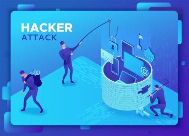 Phishing Scam, hacker saldırı, mobil güvenlik kavramı, veri koruma, siber suç, 3D izometrik vektör illüstrasyon, parmak izi, akıllı telefon bilgi güvenliği