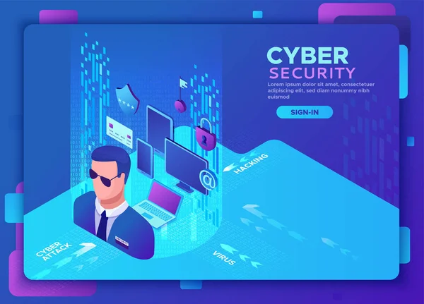 Ilustrasi vektor isometrik keamanan cyber, konsep perlindungan data, serangan firewall, penipuan phishing, keamanan informasi, laptop, komputer, kartu bank - Stok Vektor