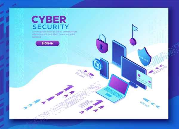 Cyber security 3d isometrisch vector illustratie, gegevens bescherming concept, firewall aanval, phishing scam, veiligheid van de informatie, laptop, computer, bankkaart — Stockvector
