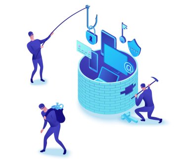 Firewall attack, phishing scam, data theft, hackers breaking wall to steal data, information protection concept, cyber crime, computer safety and security, 3d isometric illustration clipart