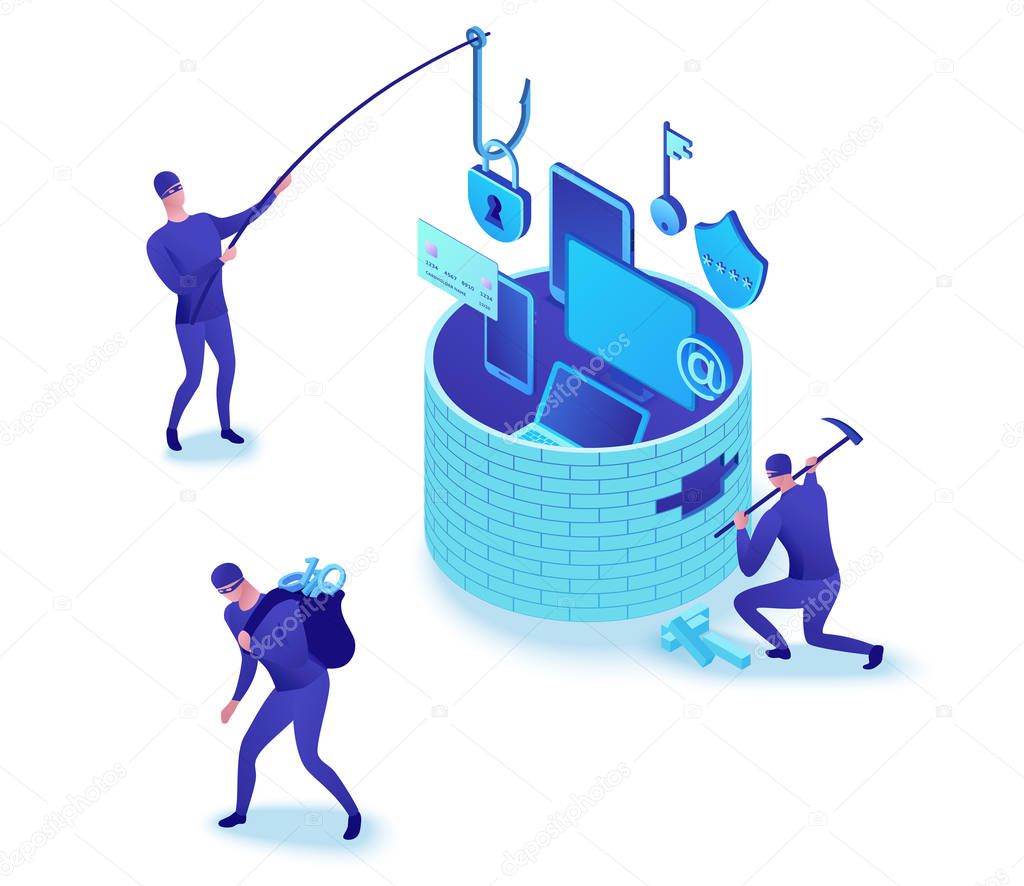 Firewall attack, phishing scam, data theft, hackers breaking wall to steal data, information protection concept, cyber crime, computer safety and security, 3d isometric illustration