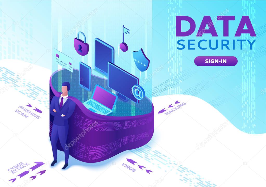 Data protection concept, cyber security 3d isometric vector illustration, firewall attack, phishing scam, superhero, information safety , laptop, computer, bank card