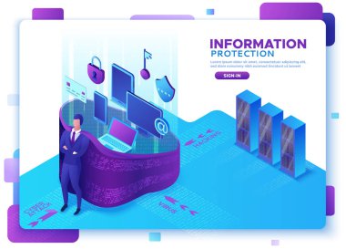 Veri koruma kavramı, siber güvenlik 3d izometrik vektör çizim, güvenlik duvarı saldırı, kimlik avı dolandırıcılığı, bilgi güvenliği, dizüstü, bilgisayar, banka kartı 