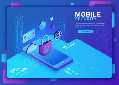 Siber Güvenlik 3d izometrik çizimde, veri koruma kavramı, güvenlik duvarı saldırı, kimlik avı dolandırıcılığı, bilgi güvenliği, dizüstü, bilgisayar, banka kartı vektör