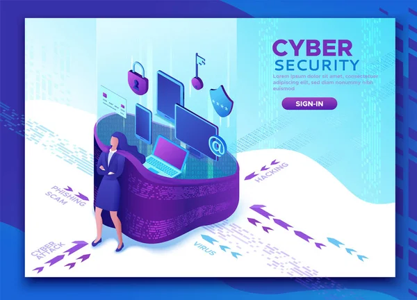 Cyber security 3d isometrisch vector illustratie, gegevens bescherming concept, firewall aanval, phishing scam, veiligheid van de informatie, laptop, computer, bankkaart — Stockvector