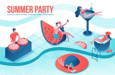 Yaz Havuzu parti izometrik 3d illüstrasyon mayo karikatür insanlar ile, kokteyl içme, dinlenmek, eğlence spa konsepti, karpuz, portakal, yaz olay arka plan, boş zaman