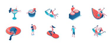 Parti insanlar 3d izometrik izole set, mayo kadın, erkekler içme ve selfie, karikatür yaz olay arka plan elemanları, havuz tatil konsepti alarak
