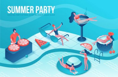 Mayo, İçecek kokteyl, dinlenmek, DJ, müzik, rekreasyon Spa kavramı, karpuz, turuncu, yaz olay arka plan, boş zaman karikatür insanlarla havuz parti izometrik 3D illüstrasyon