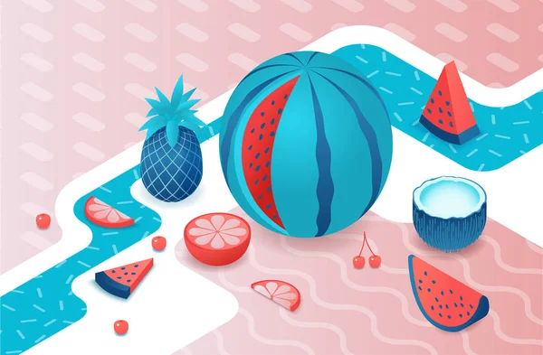 Conjunto isométrico de frutas con sandía, piña, coco, cereza, rojo, rebanada de cítricos, elementos de fondo de verano, concepto de alimentos y bebidas tropicales, vector 3d ilustración — Vector de stock