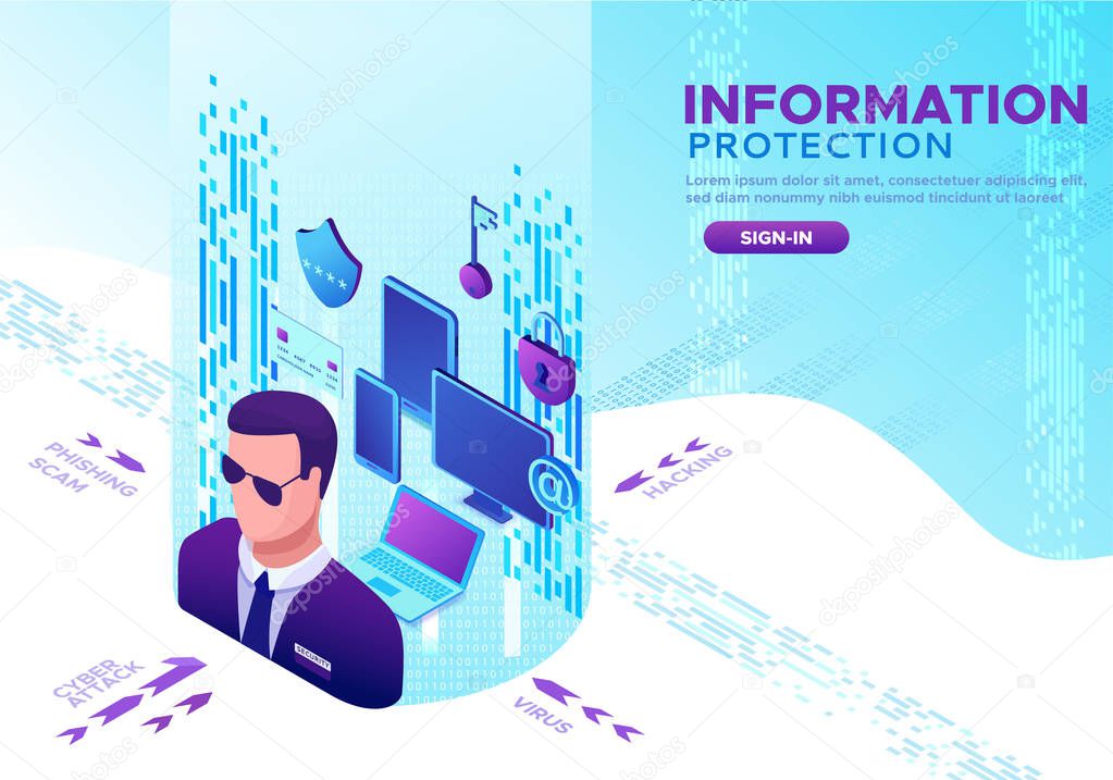 Data protection concept, cyber security guard 3d isometric vector illustration, firewall attack, phishing scam, information safety , laptop, computer, bank card