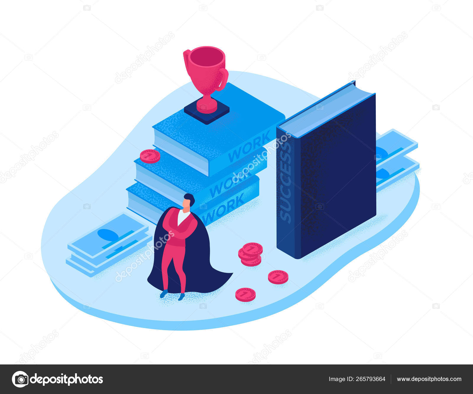 Businessman win cup, winner 3d isometric illustration, infographic hero leadership concept