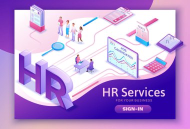 İşe Alım ajansı izometrik Infographic açılış sayfası şablonu ile 3d işveren işe yetenek işçi adaylar insan kaynakları mobil uygulaması, office iş adamları, vektör çizim üzerinden iş arama