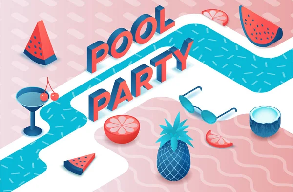 Basen party 3D izometryczne litery, typ imprezy letniej, owoce, koktajl, arbuz, ananas, nowoczesny napis, elementy plażowe, plakat wakacje, modna czcionka — Wektor stockowy