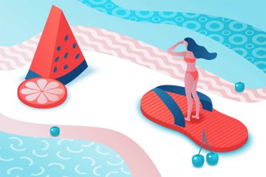Kız terlik yüzen, tropikal spa arka plan, yaz partisi insanlar, karikatür ayakkabı, mayo kadın, tatil kavramı, 3d izometrik vektör illüstrasyon