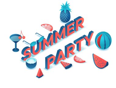 Yaz partisi 3d izometrik harfler, olay türü, meyve, kokteyl, karpuz, ananas, modern yazı, plaj elemanları, tatil afişi, trendy yazı tipi