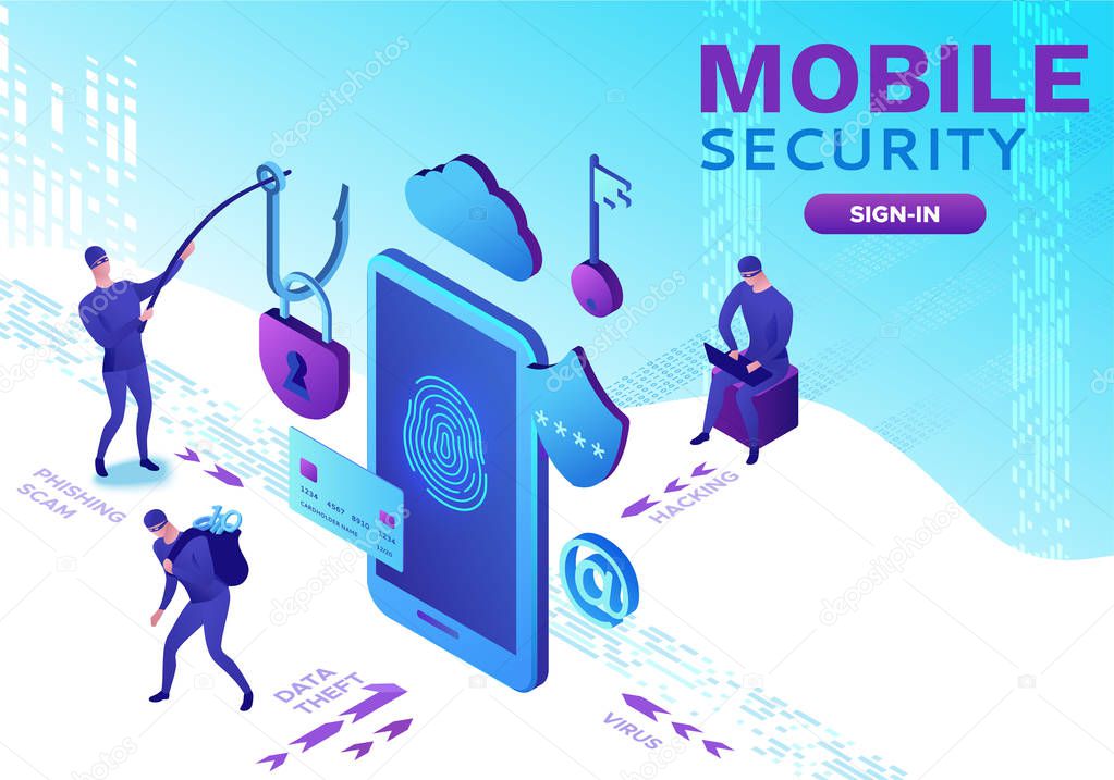 Mobile security concept, data protection, cyber crime, 3d isometric vector illustration, fingerprint, phishing scam, information protection, smartphone safety